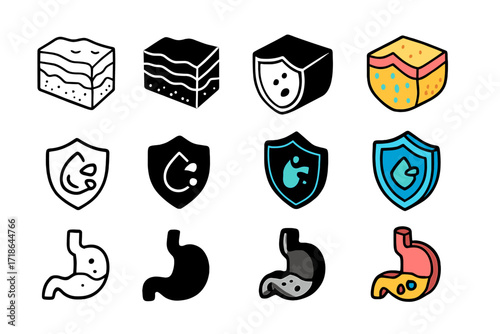 Immune Barriers Icons. Icon Set of Immune Barriers: Skin layer, Mucus shield, Stomach acid. Icons set in vector style, emblematic