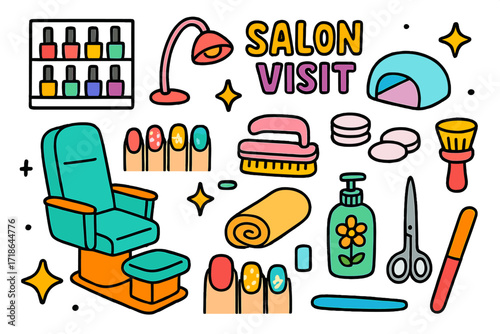 Nail Salon Essentials. Salon Visit. Colorful Hand-drawn doodle Children illustration nail polish rack, manicure chair, lamp, nail