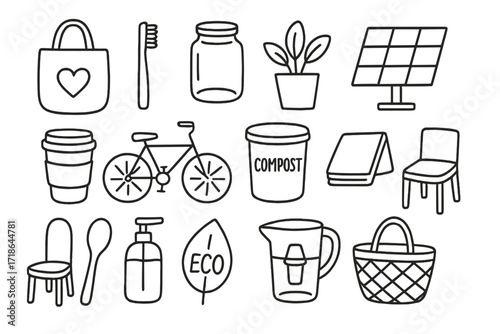 Eco-Friendly Lifestyle Icons. Hand-drawn doodle illustration Minimalist sustainable living reusable bag, bamboo toothbrush, glass