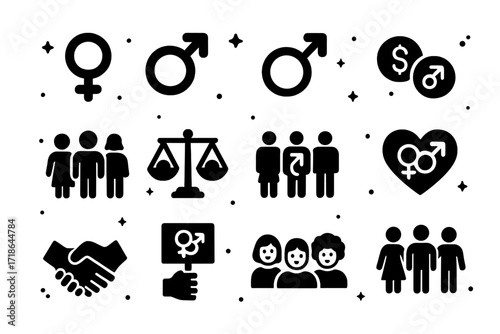 Gender Equality Icons. Gender Equality. Solid icons set of female symbol, male symbol, gender-neutral symbol, equal pay, diverse