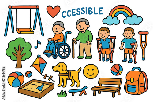 Inclusive Playground Doodle. Colorful Hand-drawn doodle Children illustration Accessible playground [swing, slide, wheelchair,