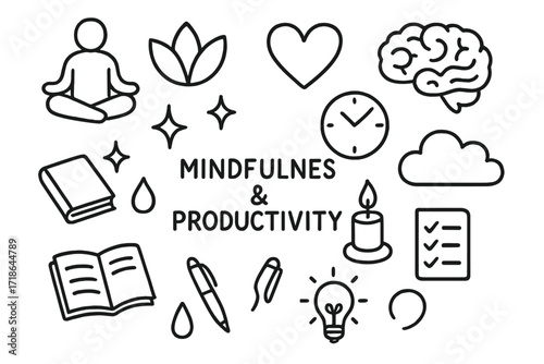 Mindfulness and Productivity Icons. Hand-drawn doodle illustration Mindfulness and productivity [meditation figure, lotus flower,