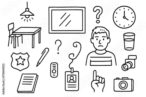 Interrogation Room Doodles. Hand-drawn doodle illustration suspect interrogation room table, chair, light bulb, mirror wall,