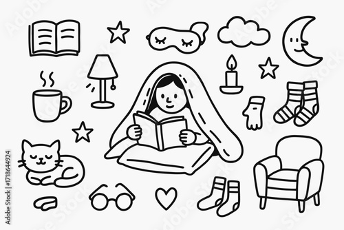 Cozy Reading Essentials. Hand-drawn doodle illustration Reading a book under a blanket open book, blanket, pillow, lamp, mug, cat,