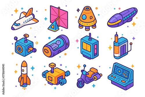 Isometric Space Fleet Icons. Colorful isometric vector icons set of interplanetary transport fleet: suborbital shuttle, solar sail