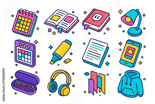 Colorful Reading Icons. Colorful isometric vector icons set of reading habits: daily reading tracker, sticky notes in book, book