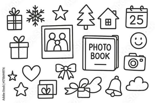Family Holiday Doodle Book. Hand-drawn doodle illustration Family holiday photo book [snowflake, star, tree, gift box, photo frame