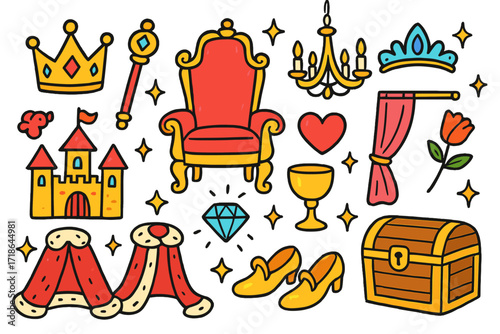 Royal Doodle Icons. Colorful Hand-drawn doodle Children illustration Royal lifestyle crown, scepter, throne, golden shoes, jewel,