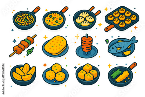 Street Food Icons. Colorful isometric vector icons set of street food cooked in pans: stir fry noodles, fried rice, dumplings,