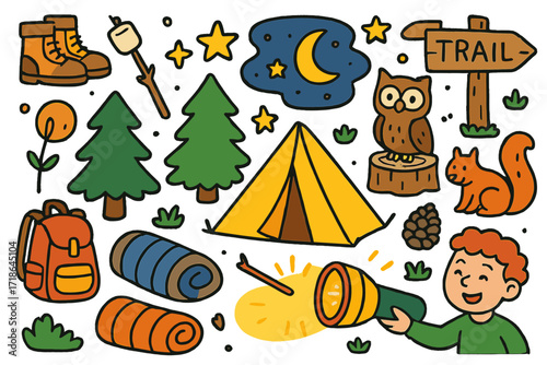 Camping Doodle Adventure. Colorful Hand-drawn doodle Children illustration Camping Flashlight Use tent, sleeping bag, flashlight,