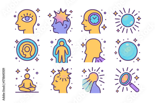 Awareness Icon Set. Colorful isometric vector icons set of awakening awareness: third eye open, starlit realization, time-stop