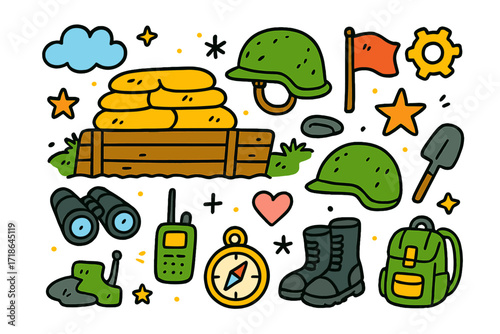 Frontline Doodle Icons. Frontline. Colorful Hand-drawn doodle Children illustration trench, helmet, boots, binoculars, sandbags,