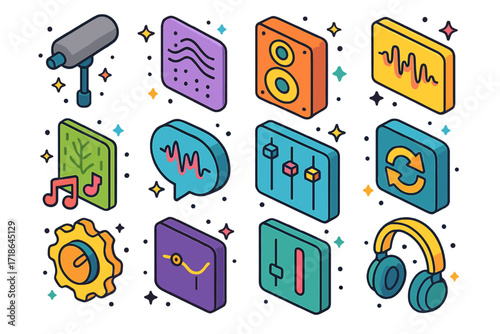 Isometric Cinematic Sound Icons. Colorful isometric vector icons set of cinematic sound design: boom mic, reverb icon, surround
