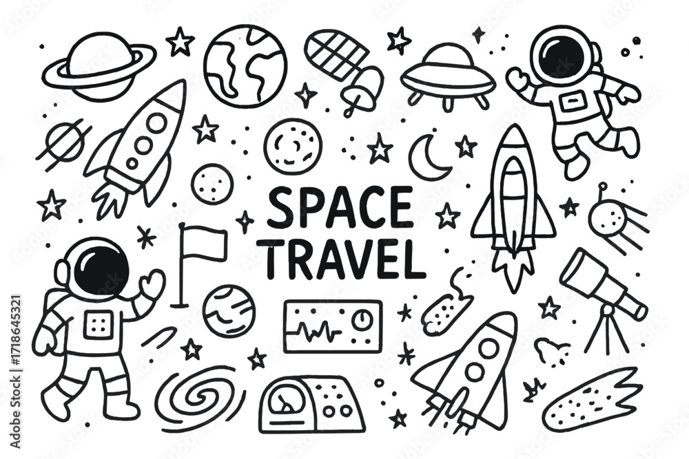 Obraz premium Space Travel Doodles. Space travel. Hand-drawn doodle illustration space travel rockets, planets, stars, satellites, astronauts,