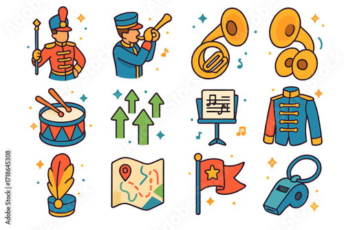 Marching Band Icons. Colorful isometric vector icons set of marching band parade: drum major, trumpet player, snare drum,