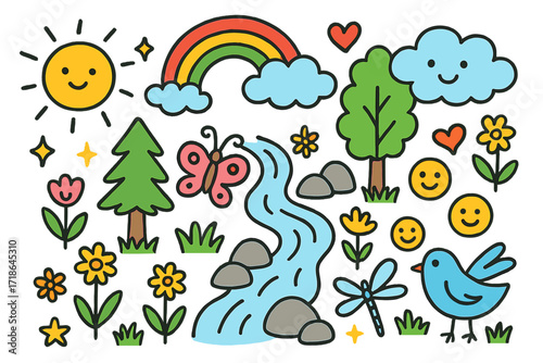 Whimsical Forest Scene. Colorful Hand-drawn doodle Children illustration Forest Springs water stream, rocks, trees, flowers,