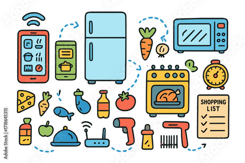 Smart Kitchen Doodle. App-Controlled Kitchen. Colorful Hand-drawn doodle Children illustration smartphone, tablet, recipe app,