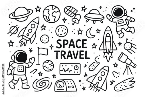Space Travel Doodles. Space travel. Hand-drawn doodle illustration space travel rockets, planets, stars, satellites, astronauts,