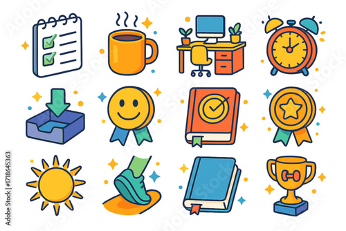 Daily Wins Icon Set. Colorful isometric vector icons set of daily wins: to-do list complete, coffee mug cheer, tidy desk, alarm