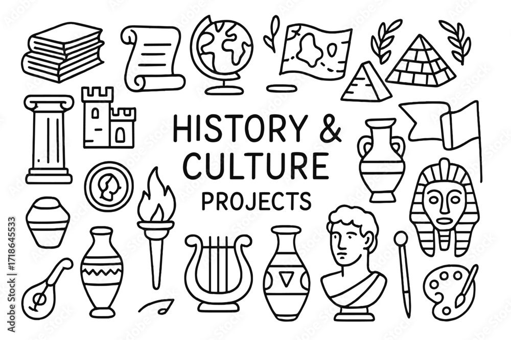 Fototapeta premium History and Culture Icons. History and culture projects. Hand-drawn doodle illustration history and culture projects books,