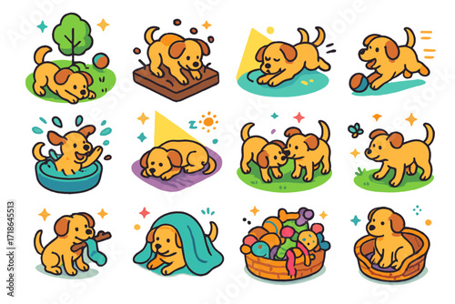 Puppy Play Icons. Colorful isometric vector icons set of Puppy playtime scenes: puppy at park, digging in garden, running after