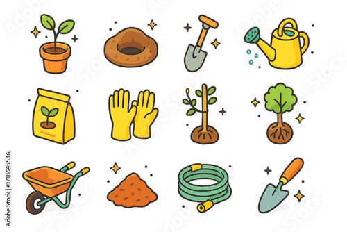 Tree Planting Icons. olorful isometric vector icons set of Tree planting process: sapling in pot, planting hole, shovel, watering