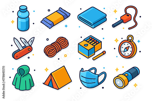 Roadside Survival Icons. Colorful isometric vector icons set of roadside survival items: water bottle, energy bar, tarp, fire