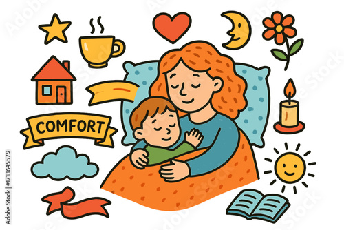 Mother-Child Cozy Illustrations. Comfort. Colorful Hand-drawn doodle Children illustration mother with child, blanket, pillow,