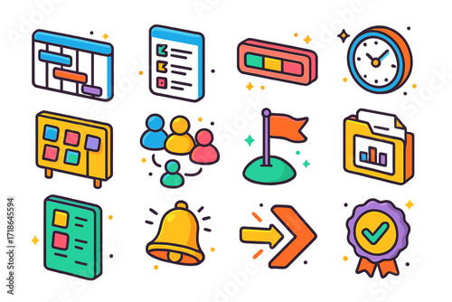 Colorful Project Management Icons. Colorful isometric vector icons set of Project management visuals: Gantt chart, project tracker