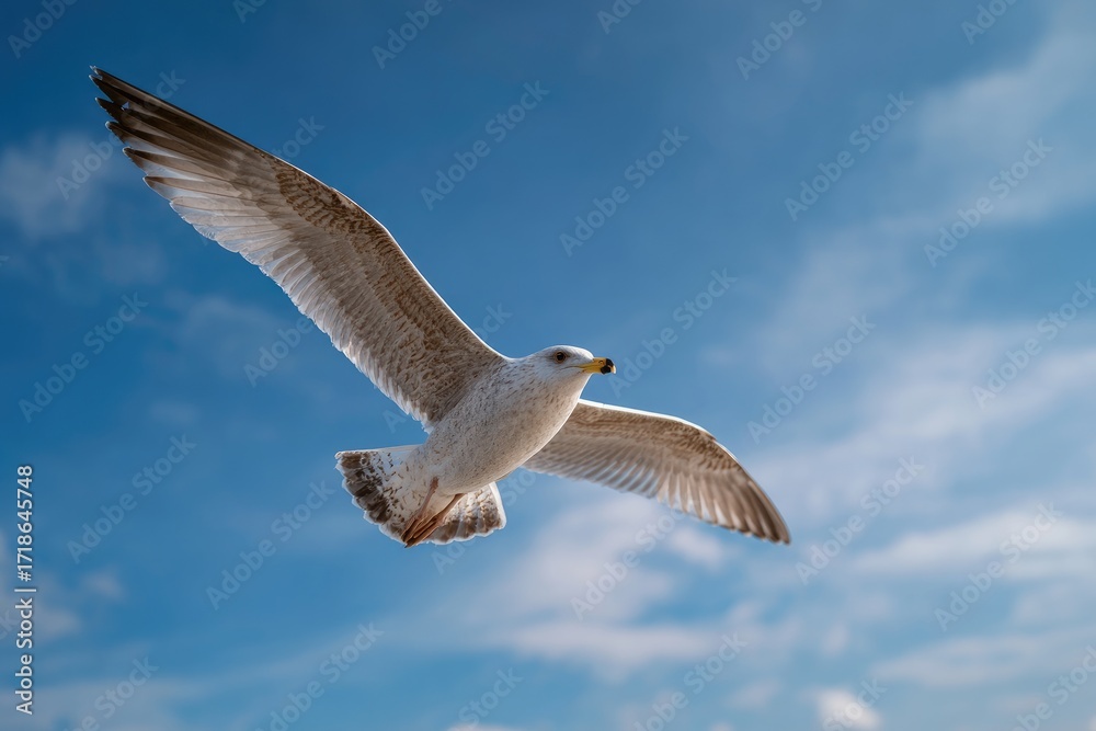 Fototapeta premium A seagull soars through a vibrant blue sky