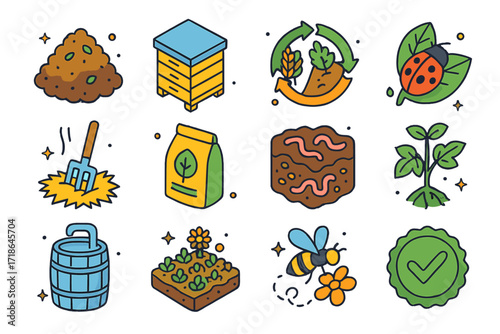 Organic Farming Icons. Colorful isometric vector icons set of Organic farming: compost pile, bee hive box, rotating crop diagram,