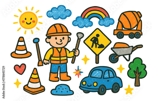 Joyful Construction Doodle. Colorful Hand-drawn doodle Children illustration Road Construction worker, shovel, traffic cone,