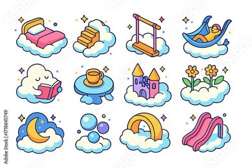 Dreamy Cloud Icons. Colorful isometric vector icons set of dreamy cloud scenes: floating cloud bed, cloud stairs, cloud swing, sky
