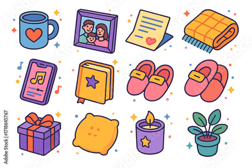 Personalized Care Icons. Colorful isometric vector icons set of personalized care moments: favorite mug, framed family photo,