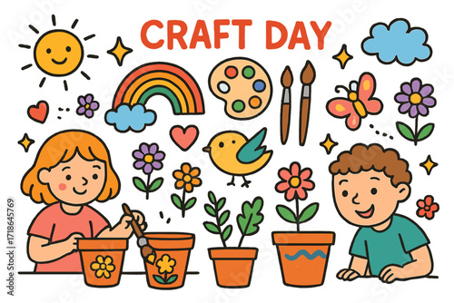 Craft Day Fun. Colorful Hand-drawn doodle Children illustration Craft Day with Flower Pots clay pots, brushes, rainbow, palette,