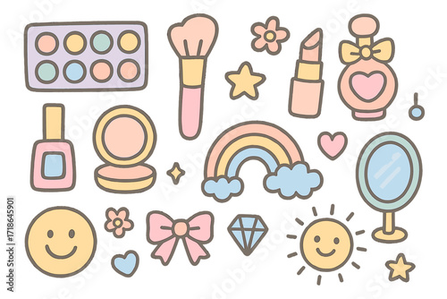Playful Makeup Doodles. Colorful Hand-drawn doodle Children illustration Pastel Makeup Palette [soft colors palette, brush,