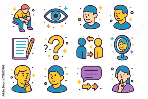 Active Listening Icons. Colorful isometric vector icons set of active listening cues: leaning forward posture, focused eye icon,