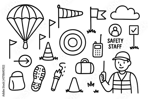 Parachute Landing Doodle. Hand-drawn doodle illustration parachute landing zone parachute, wind sock, flags, target circle, marker
