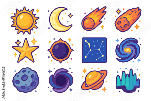 Celestial Icons Set. Colorful isometric vector icons set of celestial elements: sun blaze, moon glow, comet streak, meteor rock,