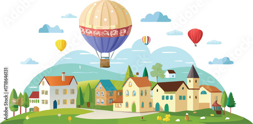 A colorful hot air balloon floats above a village, surrounded by houses and trees under a clear blue sky.