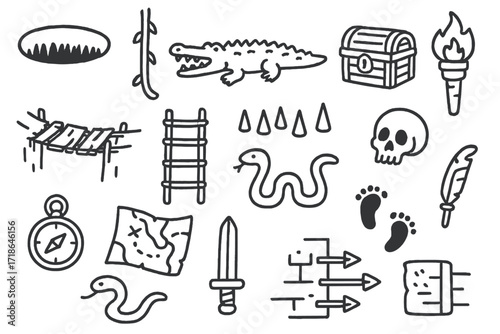 Adventure Doodle Elements. Hand-drawn doodle illustration adventure pitfalls pit hole, vine rope, crocodile, spikes, skull,