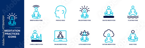 Meditation Practices Blue Colored Outline Icon Set