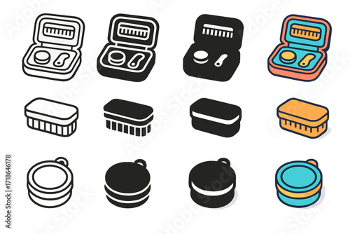 Shoe Care Icons. Icon Set of Polishing Shoes Outdoor Care: Travel shoe kit, Portable brush, Mini polish tin. Icons set in vector
