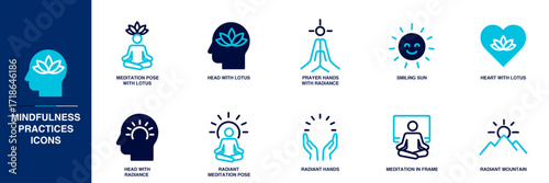 Mindfulness Practices Blue Colored Outline Icon Set