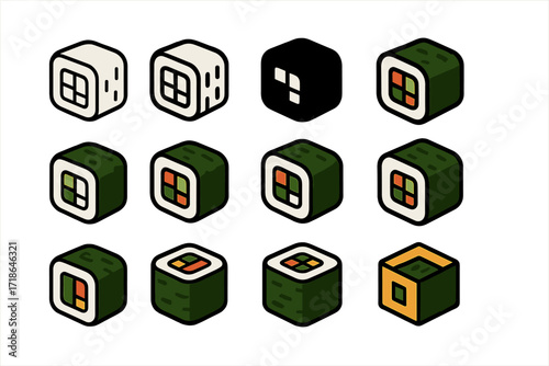 Sushi Logo Variations. Set Logo of Sushi Texture: Seaweed nori wrap. Logo set in vector style, emblematic variations. line, bold