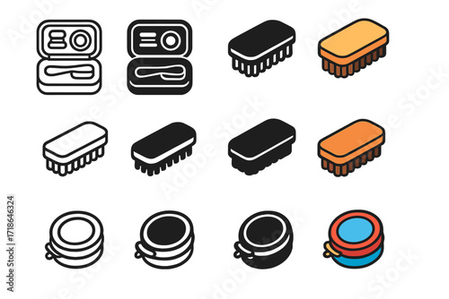 Shoe Care Icons. Icon Set of Polishing Shoes Outdoor Care: Travel shoe kit, Portable brush, Mini polish tin. Icons set in vector