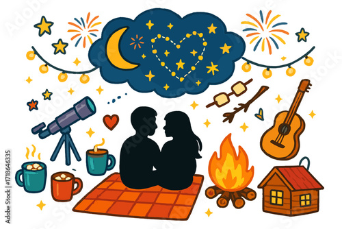 Starry Romantic Evening. Colorful Hand-drawn doodle Children illustration Romantic evening under stars moon, stars, telescope,