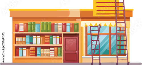 An inviting bookstore interior with extensive bookshelves and a ladder for accessing upper shelves.
