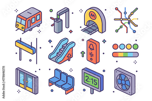 Colorful Metro Icons. Colorful isometric vector icons set of subway and metro systems: underground train car, turnstile gate,