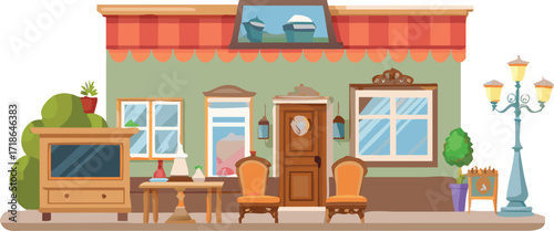 A detailed illustration of a house showcasing various furniture pieces and a decorative lamp.